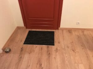 Artisan peintre l'isle-jourdain 3 - Medale Peinture parquet sur carrelage à Frégouville (32490) : entrée finie, parquet flottant chêne et tapis de propreté incrusté devant la porte