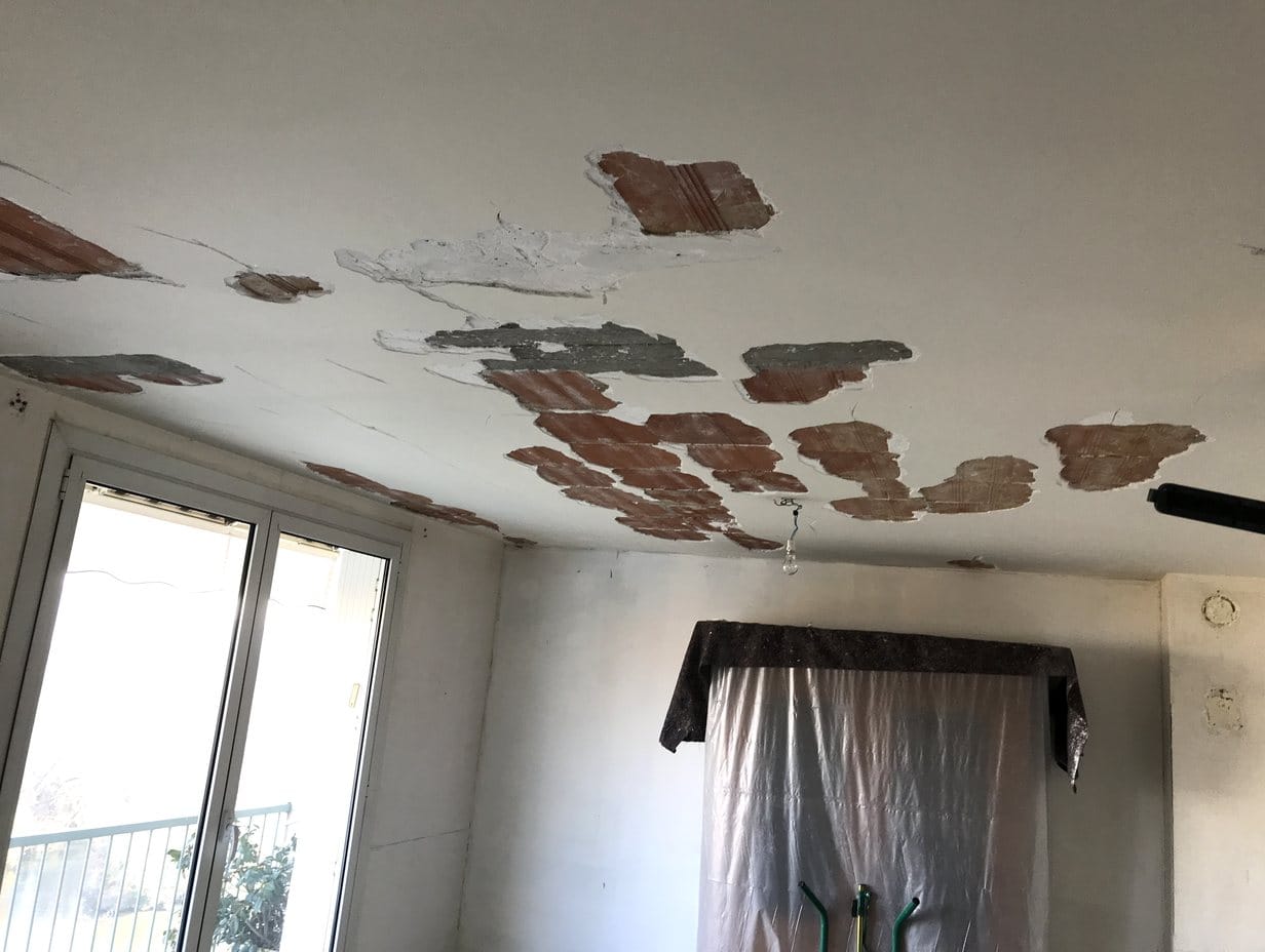 réparer un plafond en plâtre : parties décollées purgées jusqu'aux hourdis en brique
